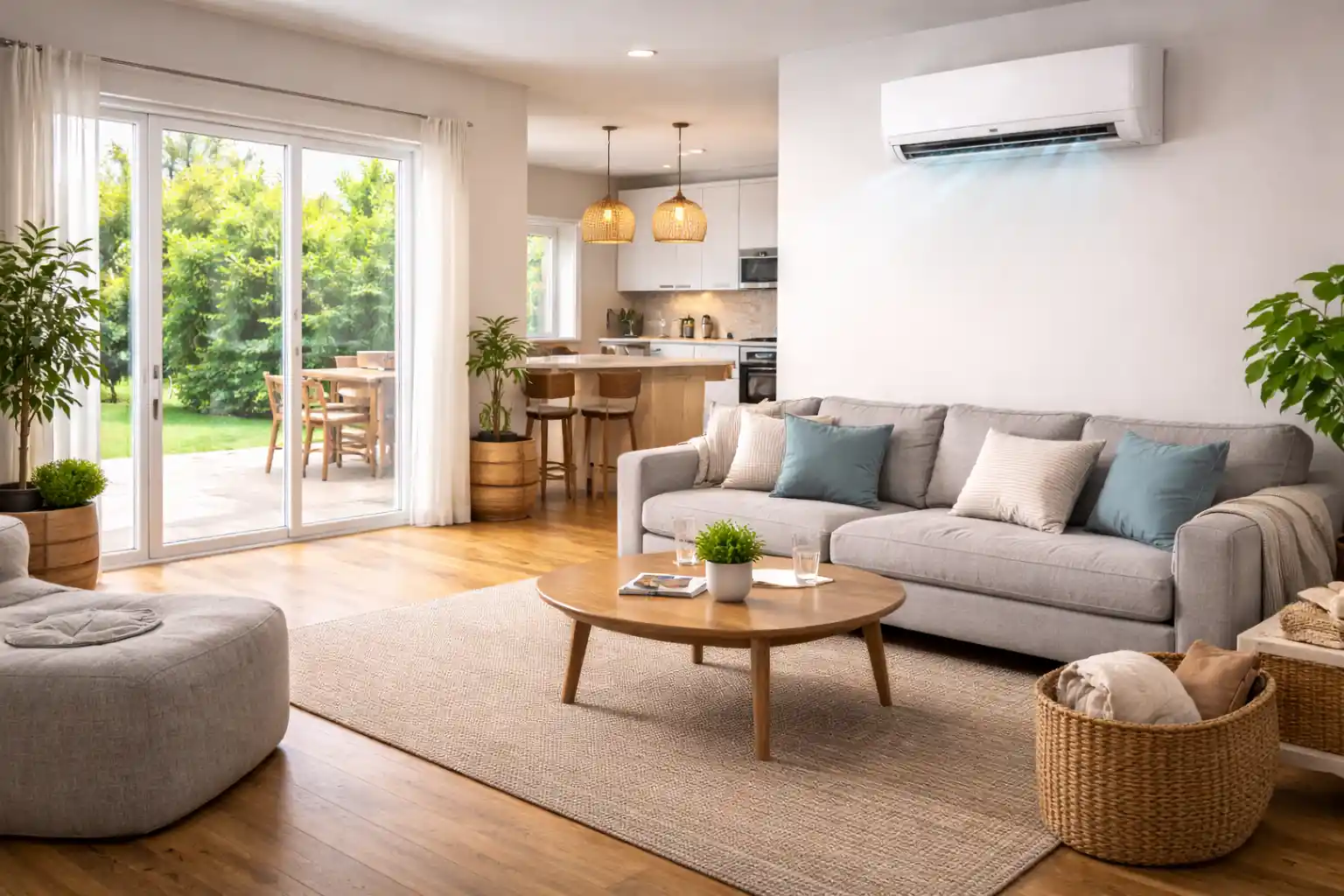 وحدة تكييف سبليت تعمل بكفاءة في غرفة معيشة نظيفة
