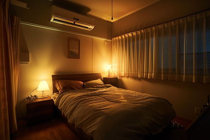 وحدة تكييف سبليت حديثة مثبتة في غرفة نوم هادئة