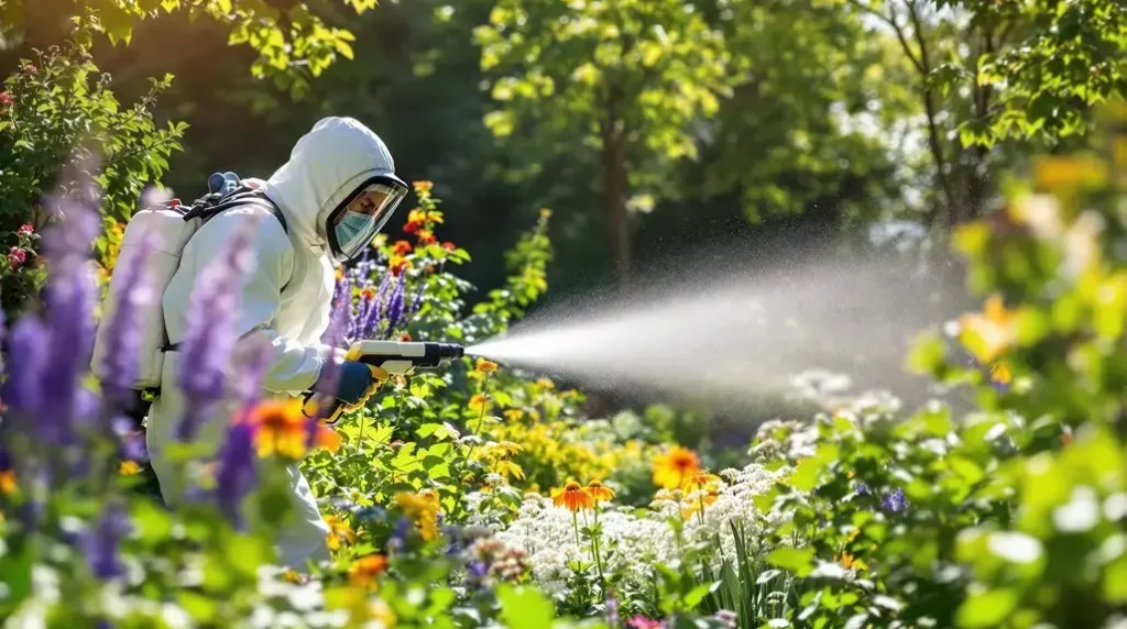 رش المبيدات الحشرية في حديقة الفيلا لحماية النباتات من الآفات