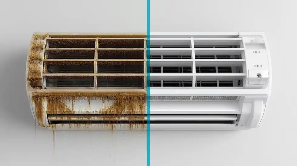مقارنة بين وحدة تكييف متسخة بالعفن وأخرى نظيفة بعد الصيانة