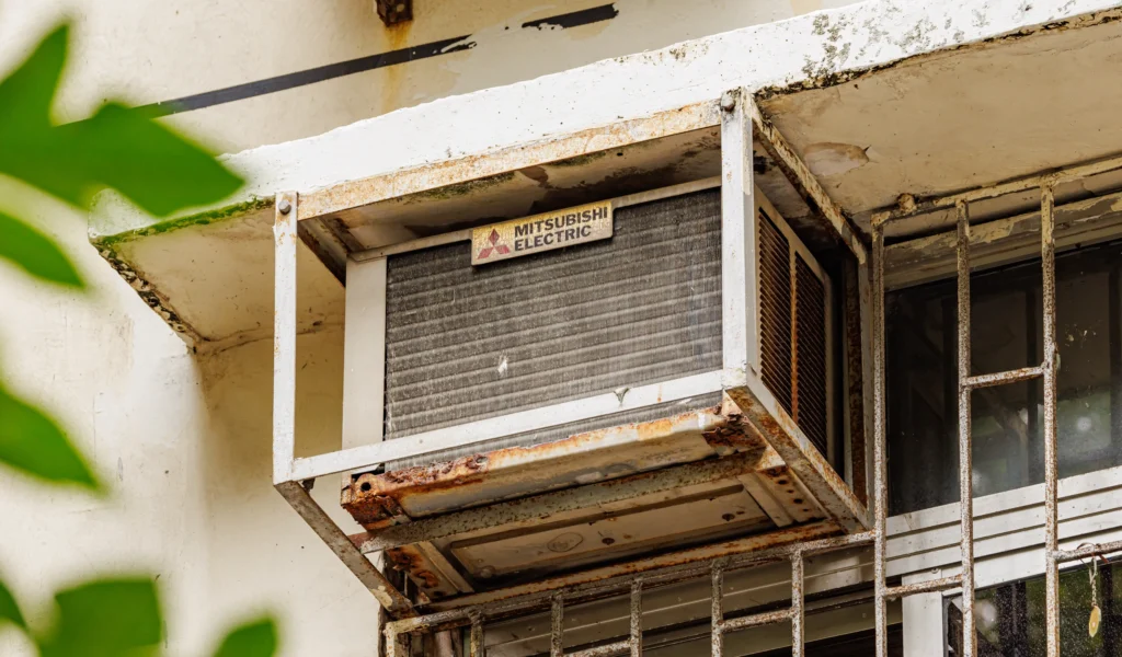 وحدة تكييف نافذة قديمة متأثرة بالصدأ والغبار نتيجة العوامل الجوية