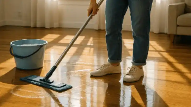 أخطاء شائعة عند تنظيف الأرضيات بعد التشطيب، ظهور آثار المسح والتبقيع على الأرضية الخشبية بسبب استخدام منظفات خاطئة