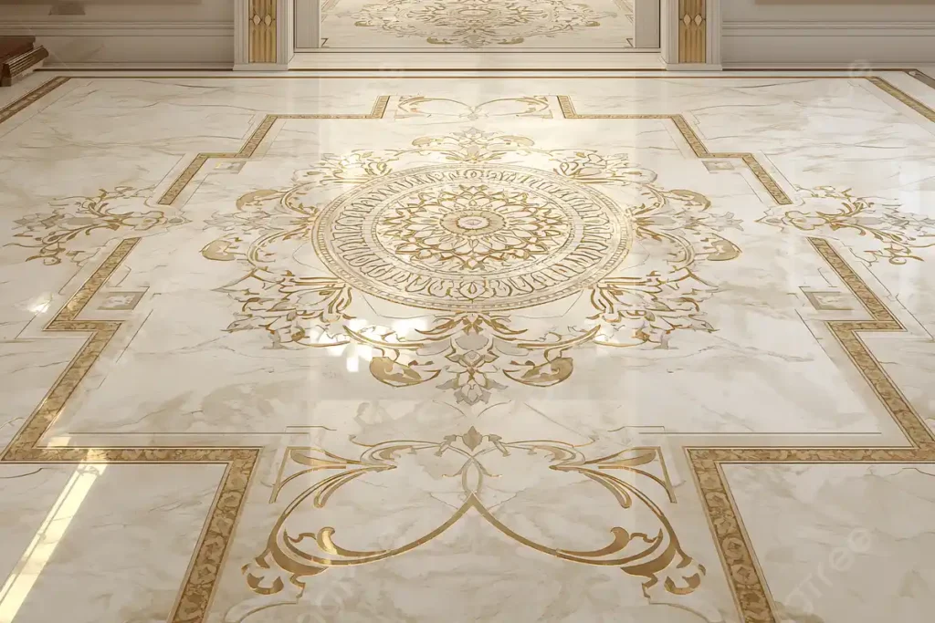 أرضية رخامية مصقولة بتصميم معقد وعالي الجودة في قاعة فاخرة، توضح الأناقة والحاجة للعناية