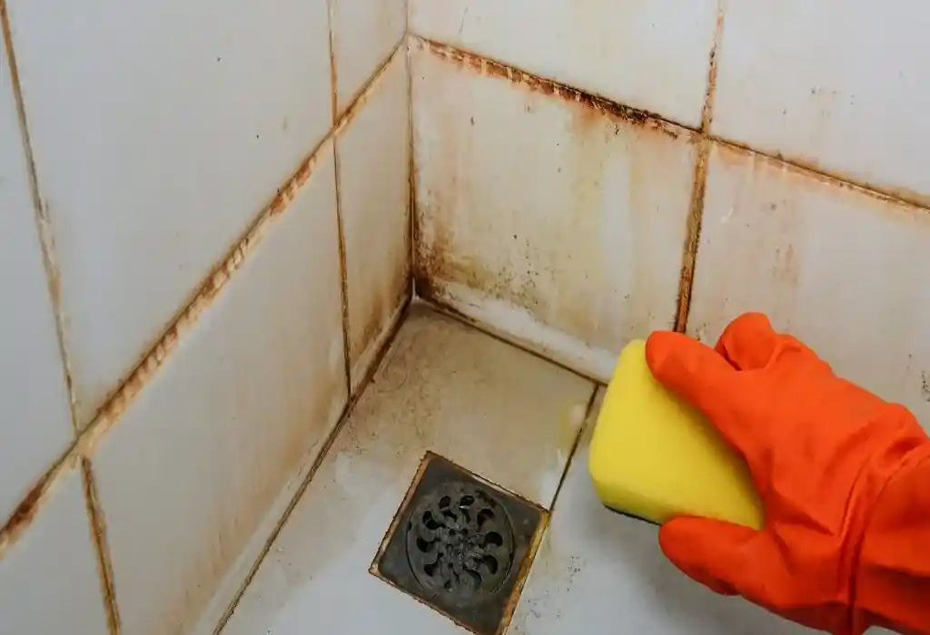 عفن بني وأسود يظهر في زاوية أرضية الحمام على الجدران البلاطية بسبب الرطوبة المستمرة