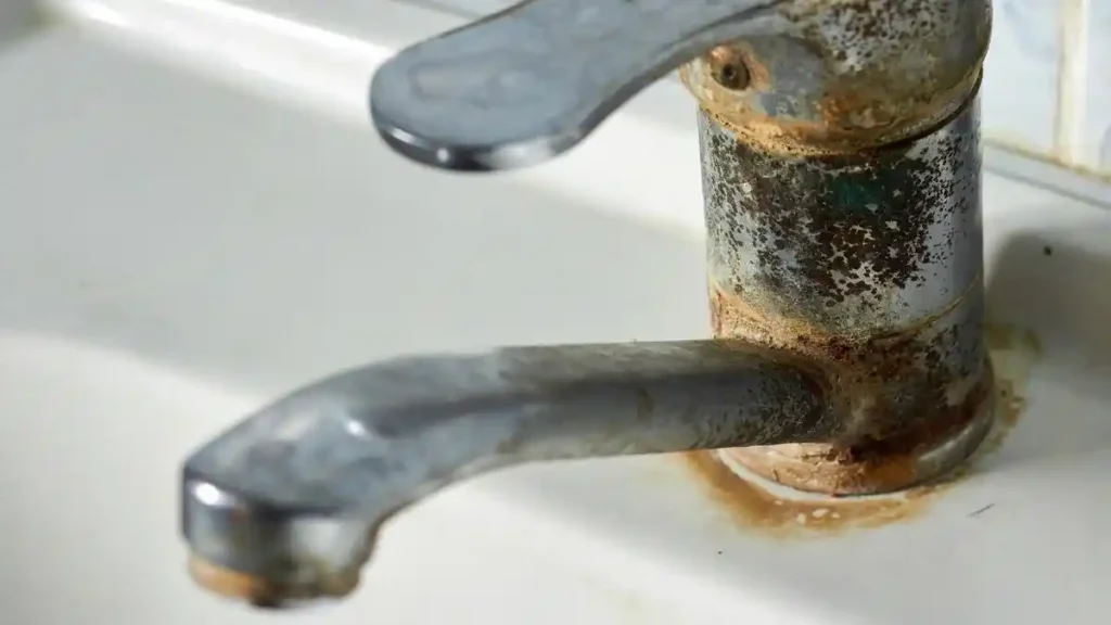 حوض وحنفية في مساحة داخلية يظهر عليها ترسبات بيضاء من المعادن وبقع المياه، توضح تأثير الرطوبة والملوحة على الأسطح في منازل الدمام والخبر