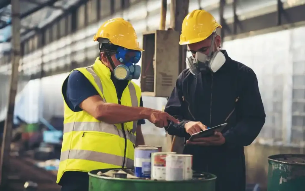 عامل مصنع يرتدي خوذة وكمامة تنفسية لحماية نفسه من الغبار والمواد الكيميائية أثناء العمل في بيئة صناعية.