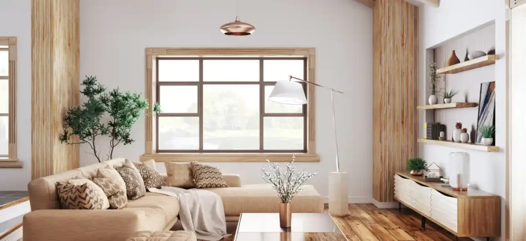 غرفة معيشة نظيفة مع قائمة فحص للتنظيف، توضح كيفية تقييم جودة التنظيف والتأكد من نظافة جميع الزوايا.