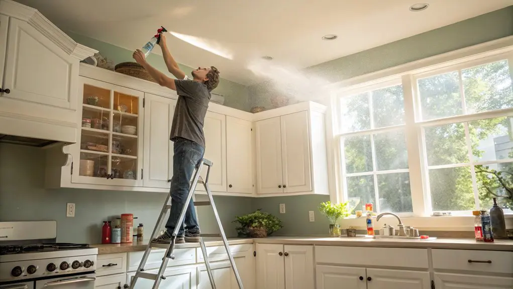 رش المبيدات الحشرية في المطبخ فوق الخزائن للقضاء على الصراصير والنمل